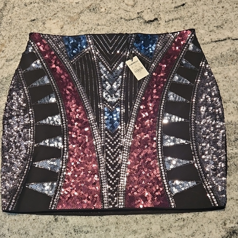 Express Black and Red Sequin Mini Pencil Skirt